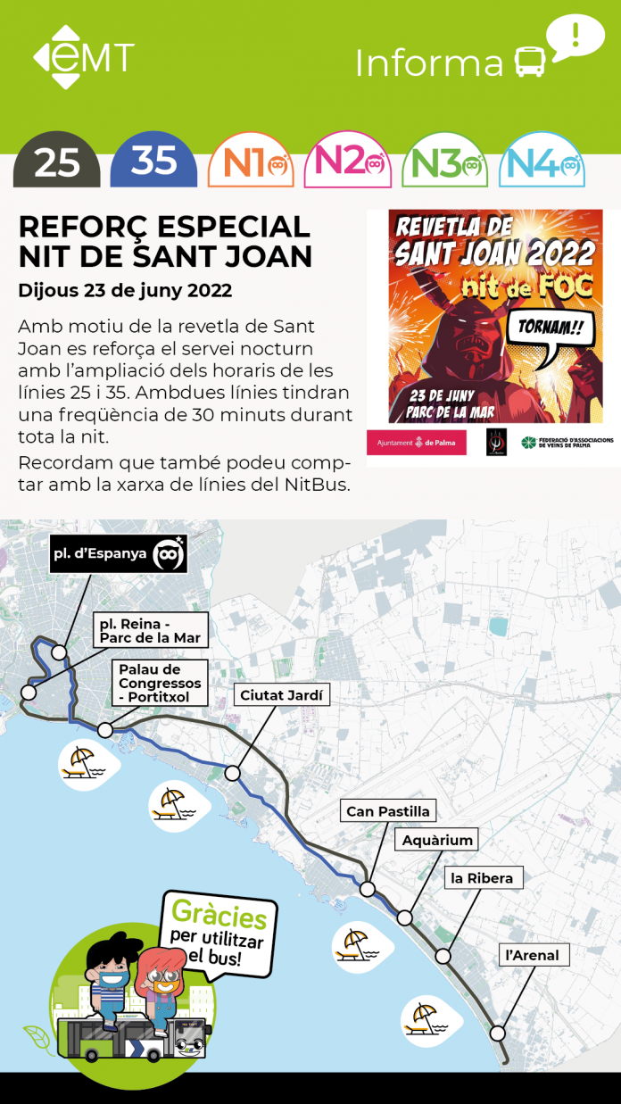 Las líneas L35 y L25 de la EMT Palma circularán durante toda la noche de Sant Joan