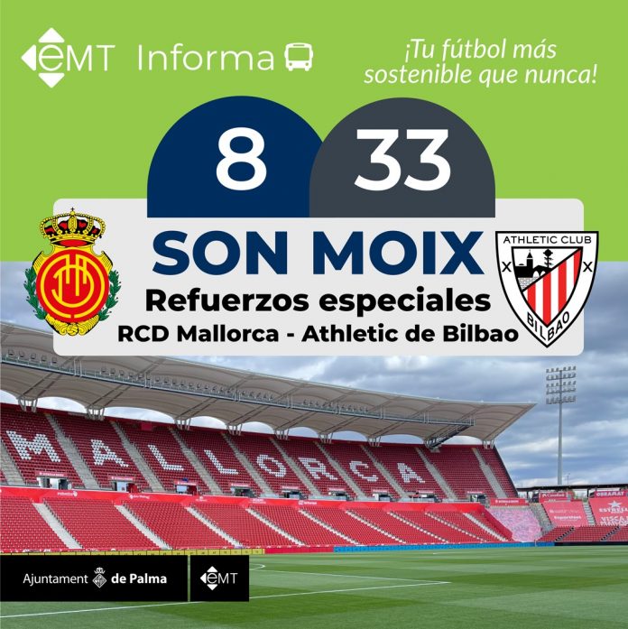 La EMT refuerza las líneas de autobuses con motivo del partido de fútbol entre el RCD Mallorca y el Athletic de Bilbao en Son Moix