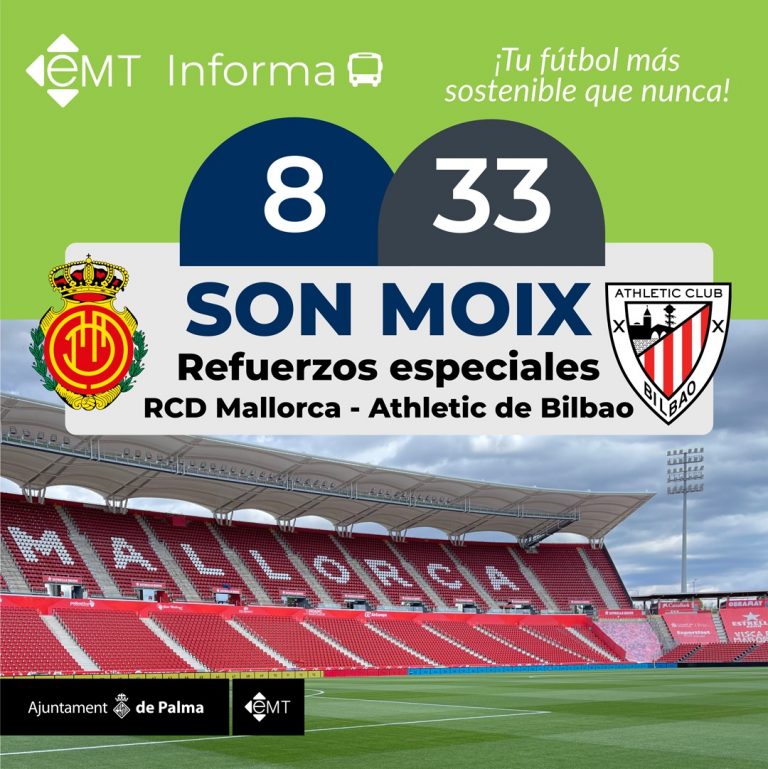 La EMT refuerza las líneas de autobuses con motivo del partido de fútbol entre el RCD Mallorca y el Athletic de Bilbao en Son Moix