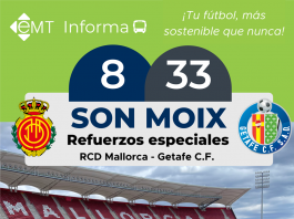 La EMT Palma refuerza sus servicios con motivo del partido de fútbol entre el RCD Mallorca y Getafe CF