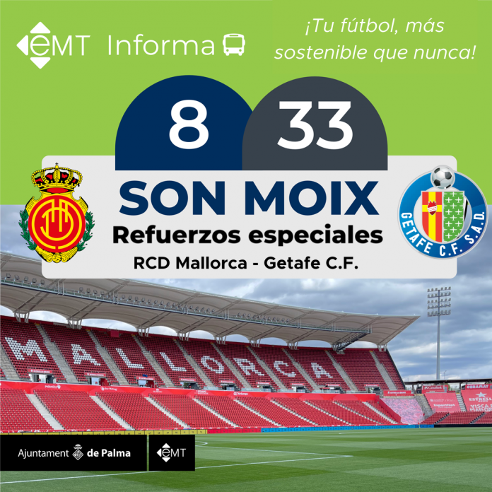 La EMT Palma refuerza sus servicios con motivo del partido de fútbol entre el RCD Mallorca y Getafe CF