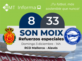 La EMT Palma refuerza sus servicios para el partido de fútbol entre el RCD Mallorca y el Deportivo Alavés