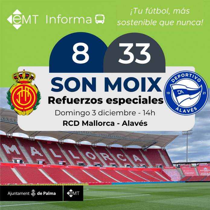 La EMT Palma refuerza sus servicios para el partido de fútbol entre el RCD Mallorca y el Deportivo Alavés