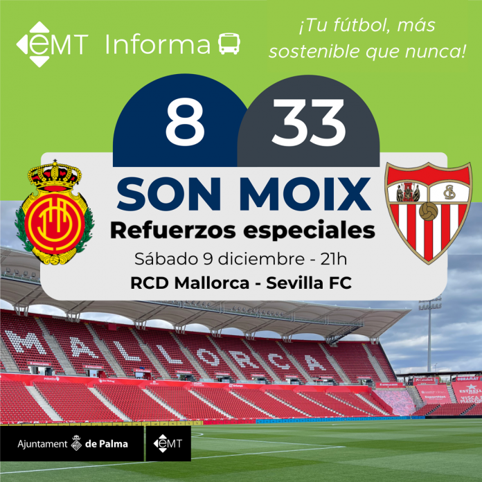 La EMT Palma refuerza sus servicios para el partido de fútbol entre el RCD Mallorca y el Sevilla FC