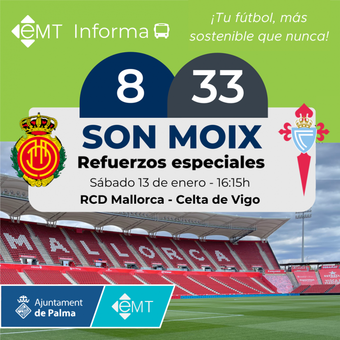 La EMT Palma refuerza sus servicios para el partido de fútbol entre el RCD Mallorca y el Celta de Vigo