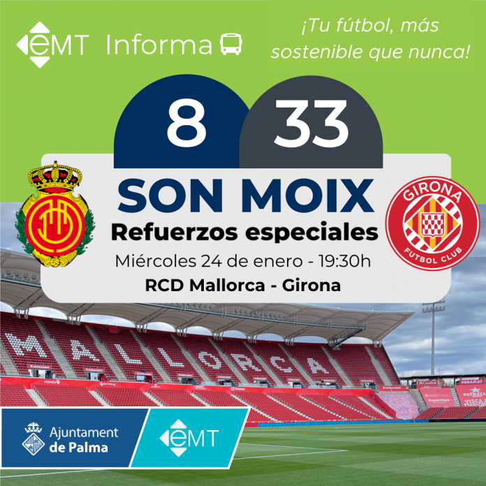 La EMT Palma refuerza sus servicios con motivo del partido entre el RCD Mallorca y el Girona FC