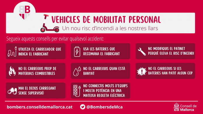 Los Bombers de Mallorca inician una campaña en las redes por el riesgo de incendio de los vehículos de movilidad personal