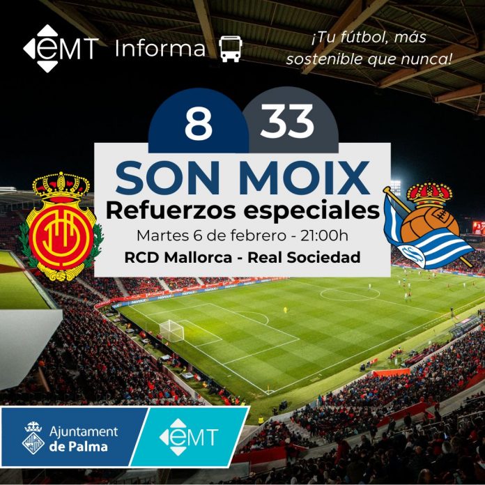 La EMT Palma reforzará el servicio de autobuses para el partido RCD Mallorca - Real Sociedad