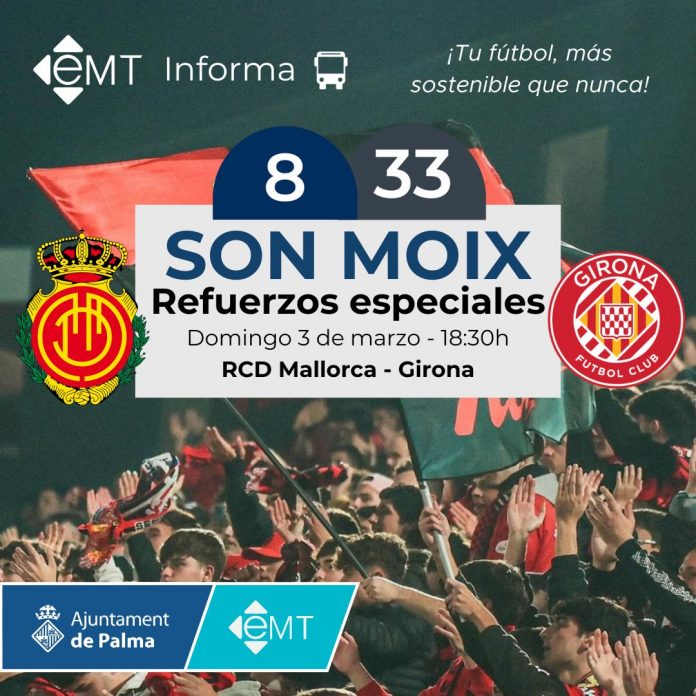 La EMT Palma refuerza sus servicios con motivo del partido entre el RCD Mallorca y el Girona FC