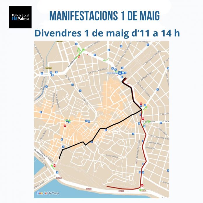 Cortes de tráfico y desvíos de autobuses en Palma este 1 de mayo por las manifestaciones del Día del Trabajador