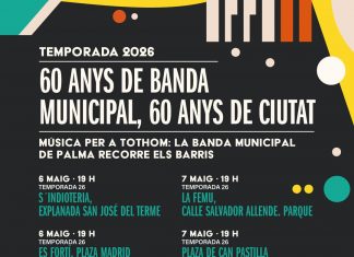 La Banda Municipal lleva la música a los barrios de Palma con un ciclo de conciertos gratuitos por su 60 aniversario La Banda Municipal lleva la música a los barrios de Palma con un ciclo de conciertos gratuitos por su 60 aniversario La programación recorrerá diferentes zonas de la ciudad los días 6 y 7 de mayo para acercar la cultura y fomentar la convivencia vecinal Palma, 5 de mayo de 2026. La Banda Municipal de Música de Palma celebrará su 60 aniversario con un ciclo de conciertos gratuitos en distintos barrios de la ciudad los próximos 6 y 7 de mayo. La iniciativa, impulsada por el Ajuntament de Palma a través de las áreas de Cultura y Participació Ciutadana, tiene como objetivo acercar la música a la ciudadanía, dinamizar los barrios y generar espacios de encuentro y convivencia vecinal. Todos los conciertos comenzarán a las 19.00 horas y tendrán lugar en diferentes espacios públicos de Palma. Conciertos del 6 de mayo La programación arrancará el martes 6 de mayo con actuaciones en varios puntos de la ciudad. La Banda Municipal actuará en S’Indioteria, concretamente en la explanada de Sant Josep del Terme; en Es Fortí, en la plaça Madrid; en Son Gotleu, en la plaça Orson Welles; y en el Coll d’en Rabassa, en la plaça de l’Església del Coll. Conciertos del 7 de mayo El miércoles 7 de mayo continuará el ciclo con conciertos en La Femu, en el parque de la calle Salvador Allende; en la plaça de Can Pastilla; en Son Dameto, en la calle Martín Borneo, 17; y en la calle Sant Joan de Déu, 7. Con esta programación especial, la Banda Municipal reafirma su compromiso con la difusión cultural y la proximidad, celebrando seis décadas de historia musical junto a los vecinos de Palma.