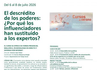 La UNED Illes Balears analizará por qué los ‘influencers’ han sustituido a los expertos en un curso de verano La UNED Illes Balears analizará por qué los ‘influencers’ han sustituido a los expertos en un curso de verano