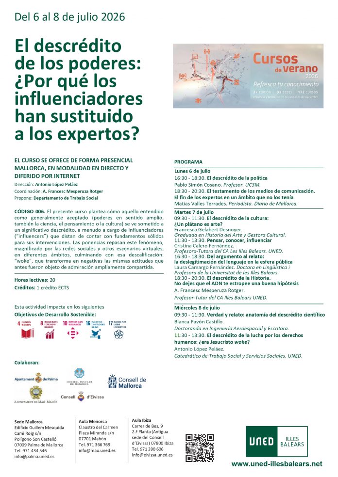 La UNED Illes Balears analizará por qué los ‘influencers’ han sustituido a los expertos en un curso de verano